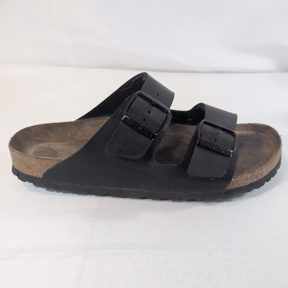 Birkenstock 41 Arizona Black Leather Sandals Pebbled Slip On 2 Strap Buckle 10 - Picture 2 of 16